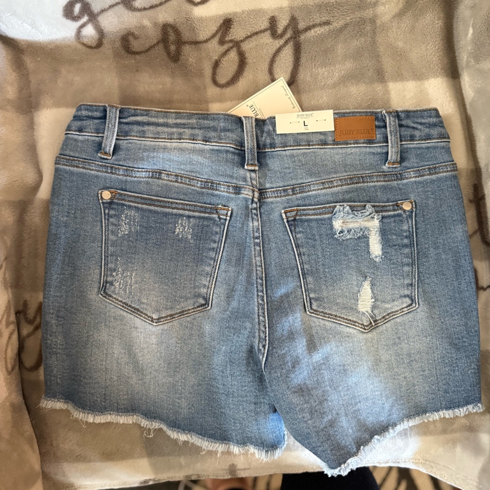 Judy Blue Light Blue Distressed Denim Shorts with Lemon Patch - Picture 2 of 4